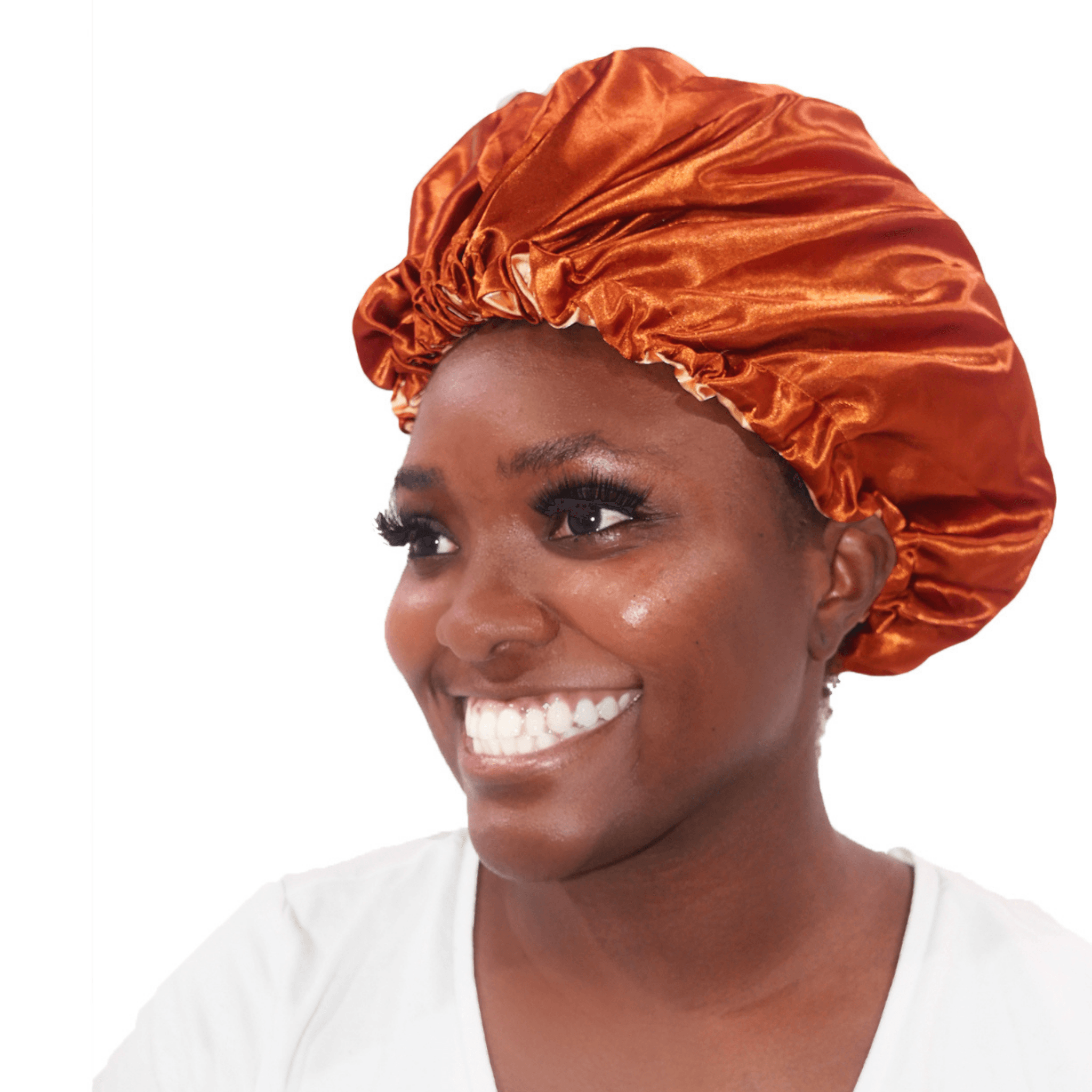 Smiling Black Woman Wearing Cinnamon Satin Bonnet