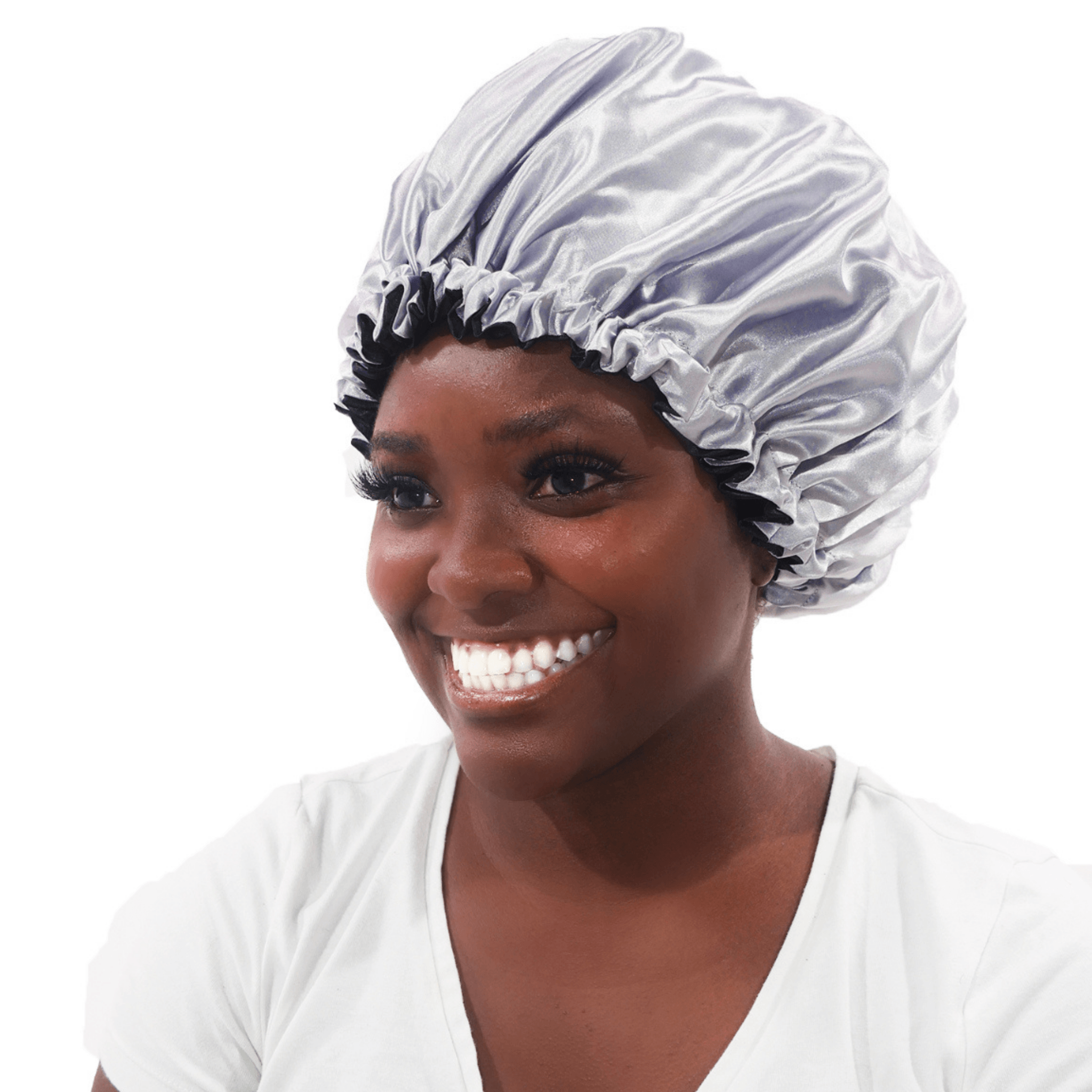 Smiling Black Woman Wearing Silver Satin Bonnet