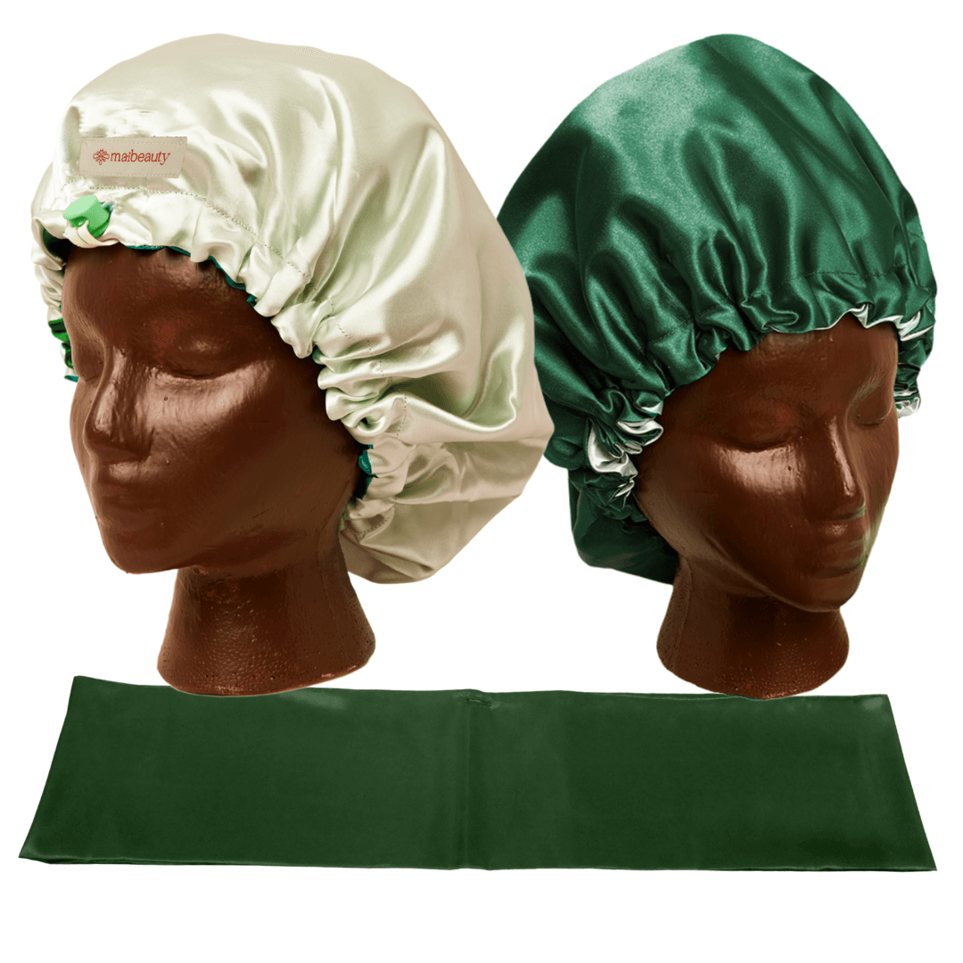 hunter sage satin bonnet with scarf attachment
