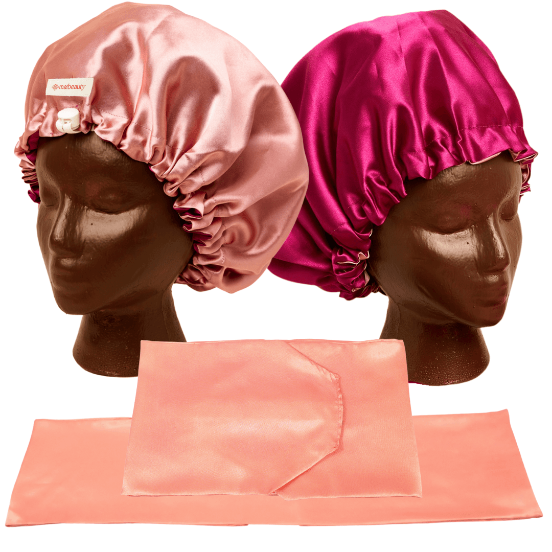magenta mauve satin bonnet with scarf and wrap attachment