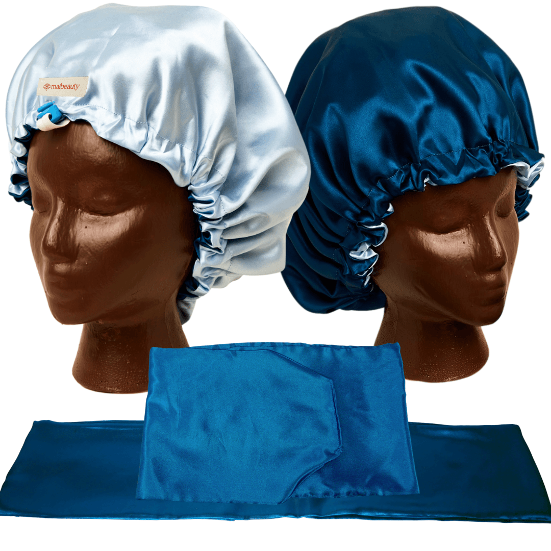 teal baby blue satin bonnet with scarf and wrap attachment