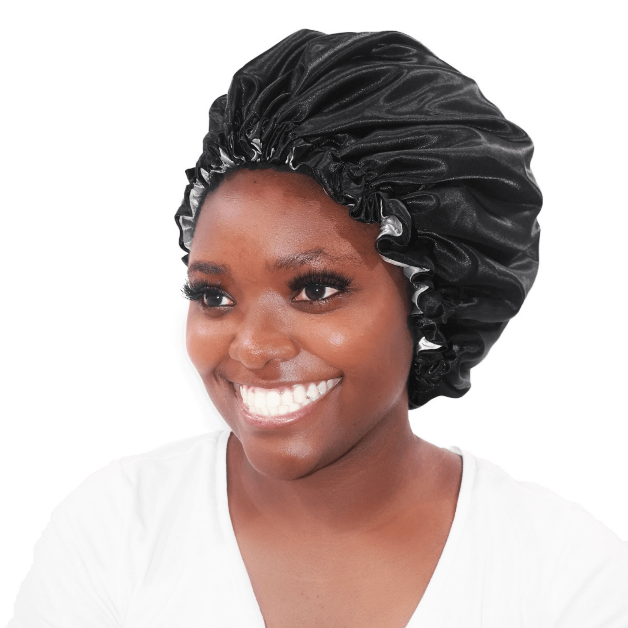 Smiling Black Woman Wearing Black Satin Bonnet
