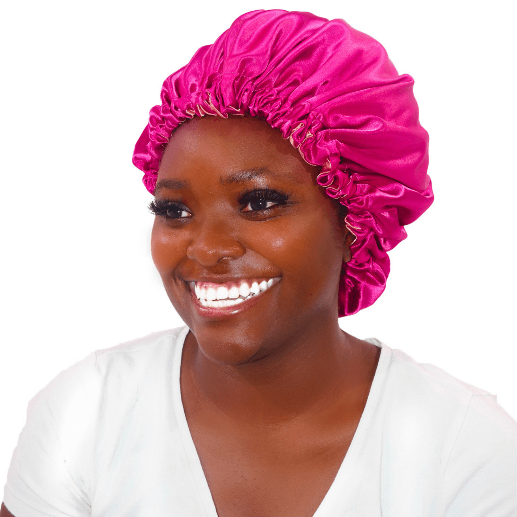 Smiling Black Woman Wearing Magenta Satin Bonnet