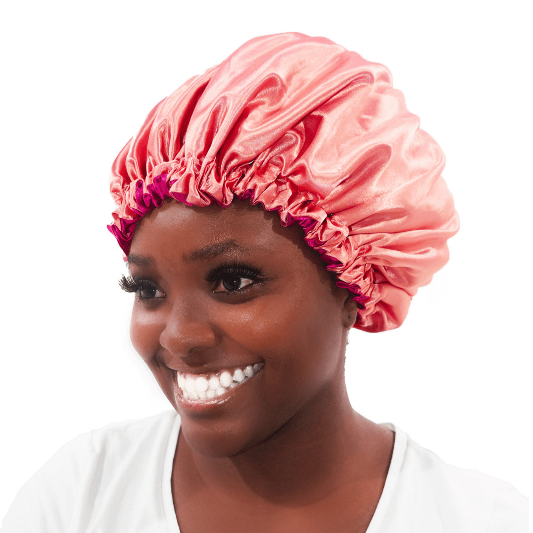 Smiling Black Woman Wearing Mauve Satin Bonnet