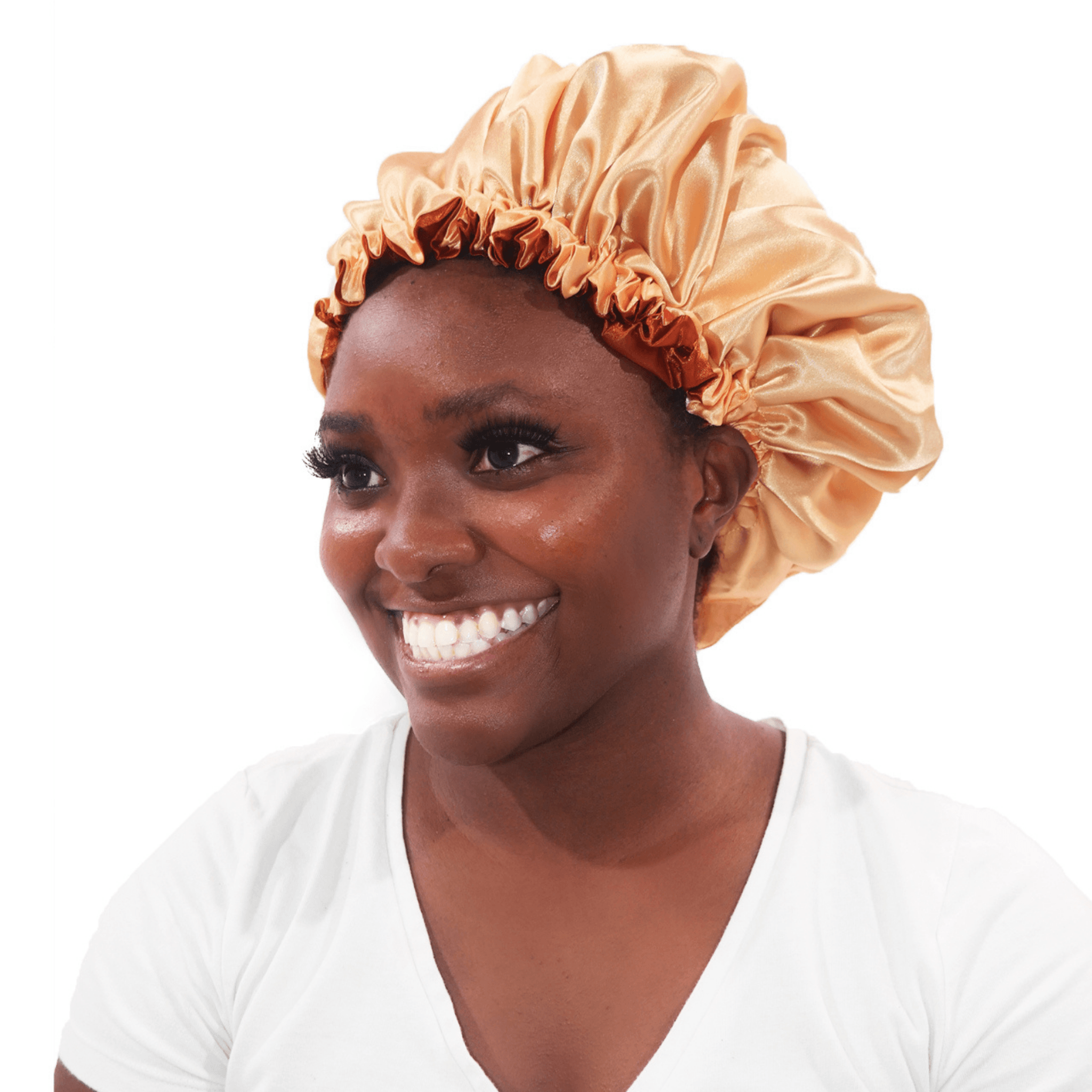 Smiling Black Woman Wearing Satin Tangier Bonnet