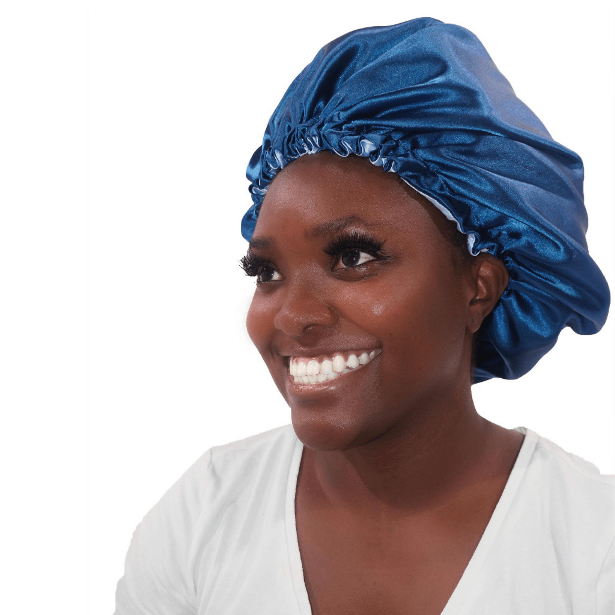 Smiling Black Woman Wearing Teal Satin Bonnet