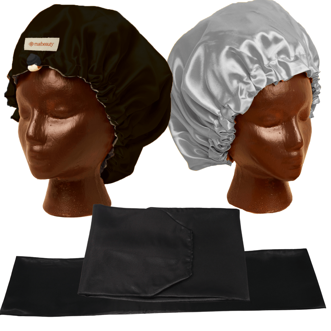 black silver satin bonnet with scarf and wrap attachment