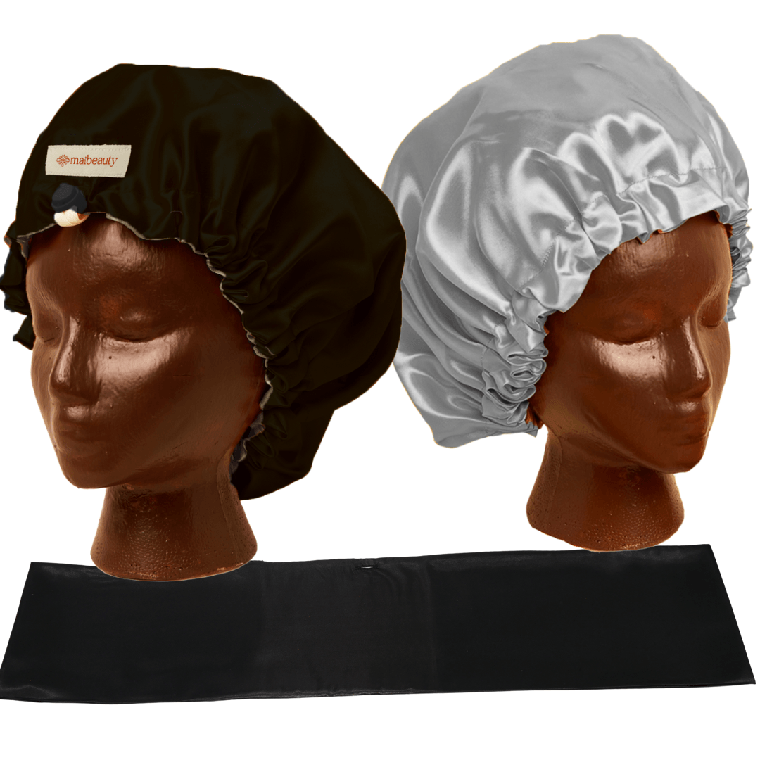 black silver satin bonnet with scarf attachment