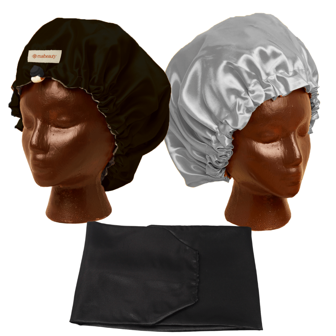 black silver satin bonnet with wrap attachment