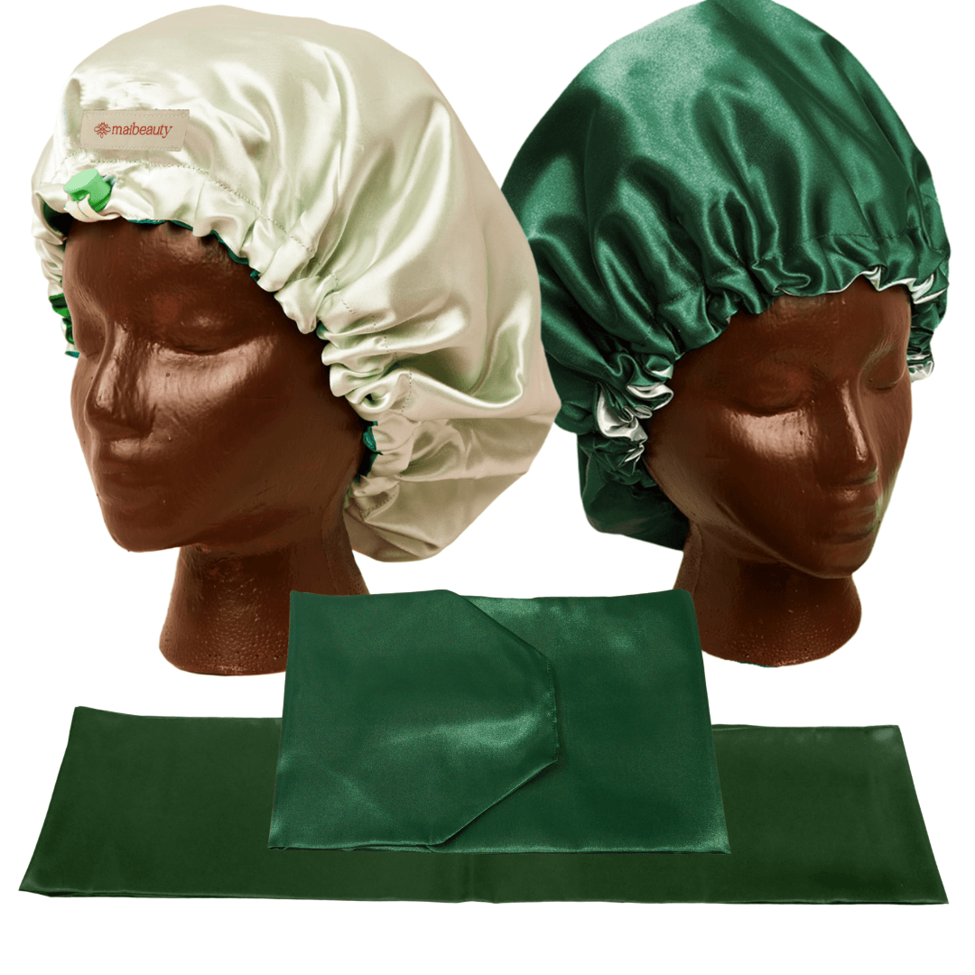 hunter sage satin bonnet with scarf and wrap attachment