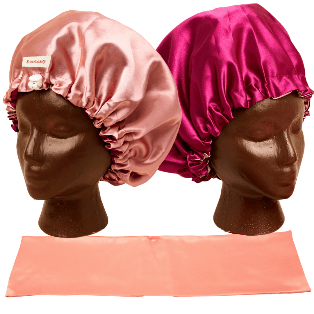 magenta mauve satin bonnet with scarf and wrap attachment