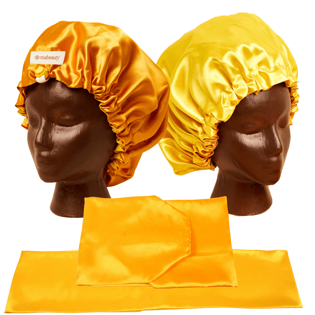 mango yellow satin bonnet with scarf and wrap attachment