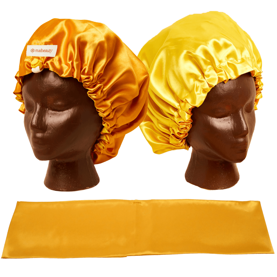 mango yellow satin bonnet with scarf attachment