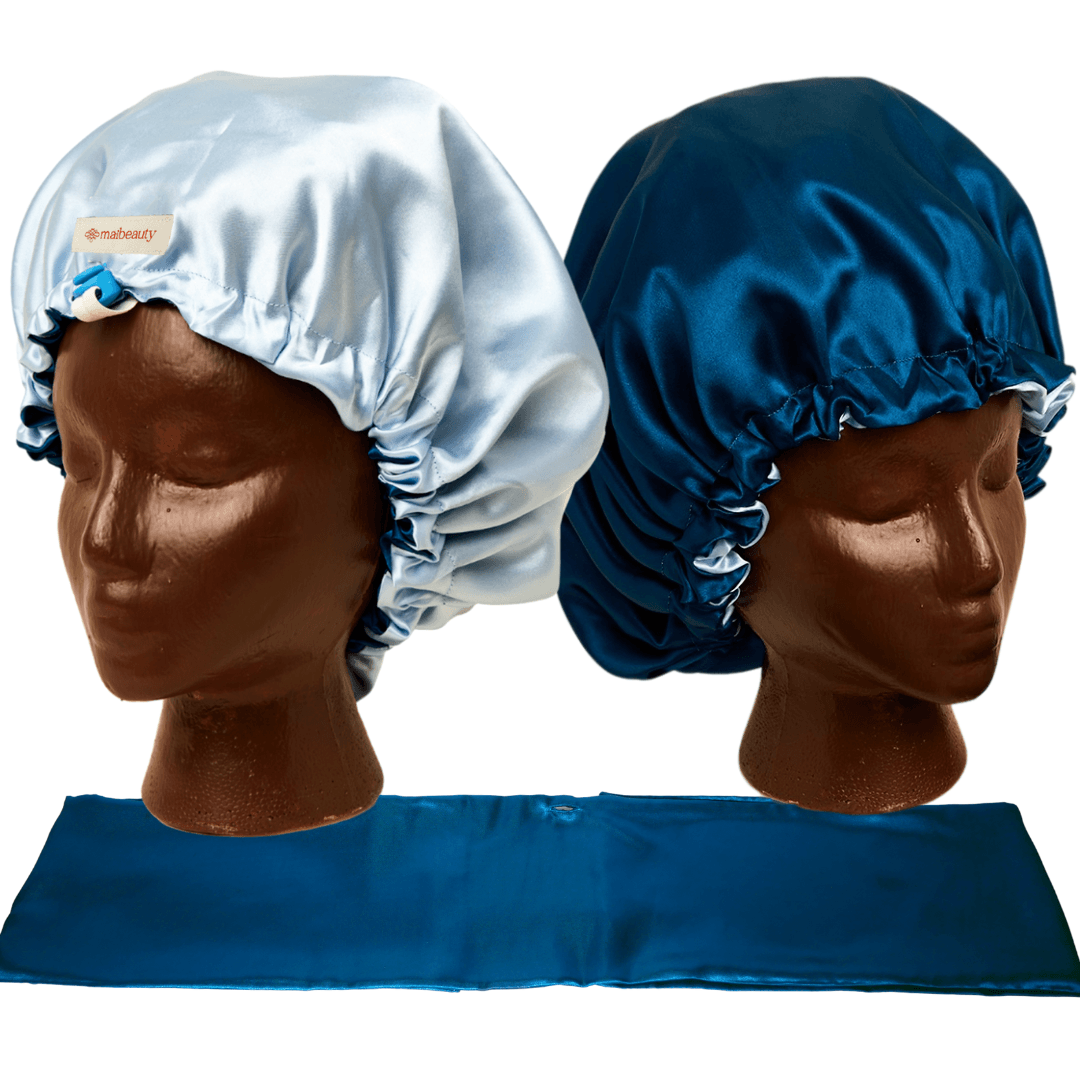 teal baby blue satin bonnet with scarf attachment