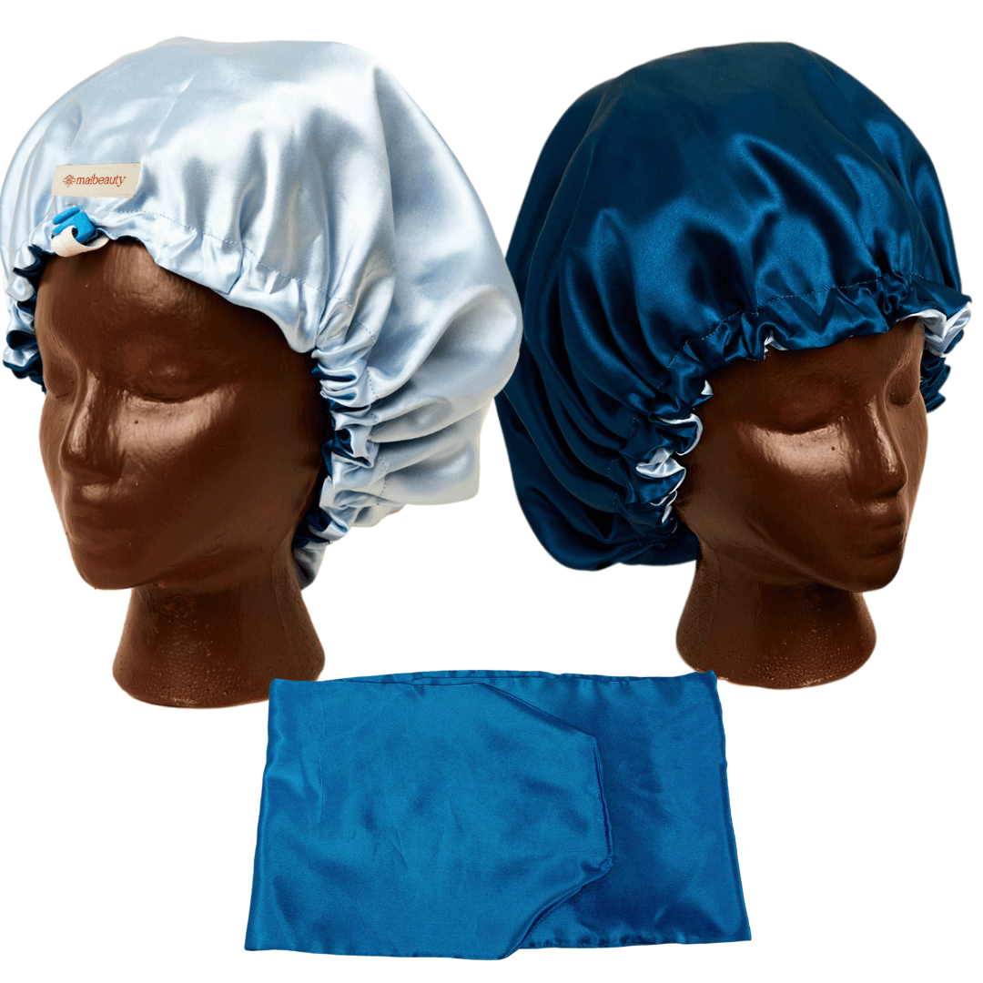 teal baby blue satin bonnet with wrap attachment